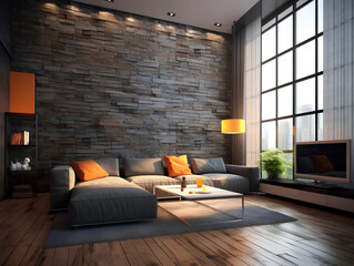 Modern interior of a living room. Penthouse Loft with dark stone walls, AI Generation