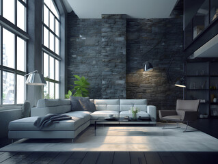 Modern interior of a living room. Penthouse Loft with dark stone walls, AI Generation