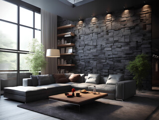 Modern interior of a living room. Penthouse Loft with dark stone walls, AI Generation