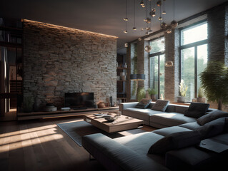 Modern interior of a living room. Penthouse Loft with dark stone walls, AI Generation