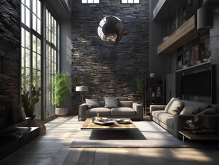 Modern interior of a living room. Penthouse Loft with dark stone walls, AI Generation
