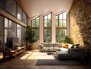 Modern interior of a living room. Penthouse Loft with dark stone walls, AI Generation
