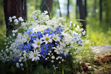 Summer flower bouquet of white and blue daisies in the forest on a sunny day