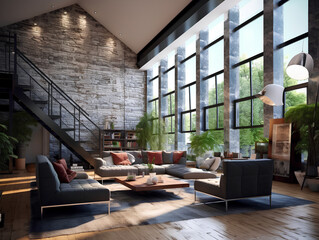 Modern interior of a living room. Penthouse Loft with dark stone walls, AI Generation