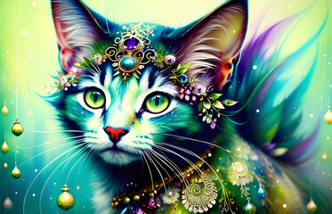 Surreal adorable cat, with magic colors, flowers and fantasy, concept Animals, generative ai
