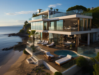spacious modern villa with large windows, AI Generation