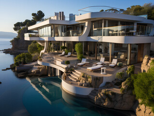 spacious modern villa with large windows, AI Generation