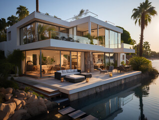 spacious modern villa with large windows, AI Generation