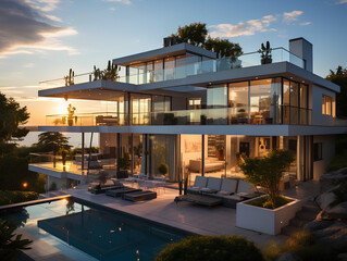spacious modern villa with large windows, AI Generation