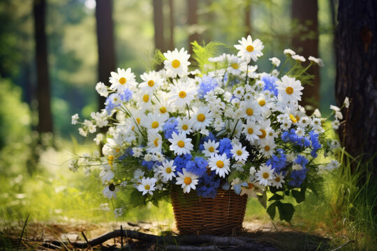 Summer flower bouquet of white and blue daisies in the forest on a sunny day