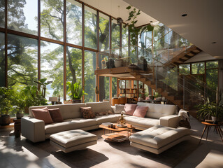 spacious modern villa with large windows, AI Generation