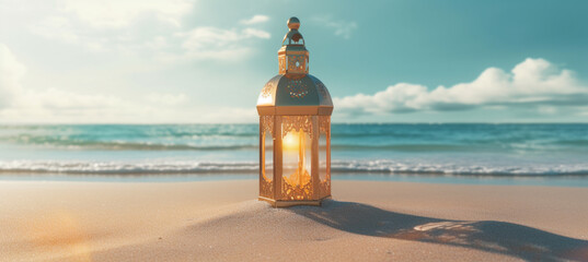 Ramadan lantern in a tropical summer beach. Golden sand beach, ocean against blue sky
