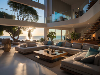 spacious modern villa with large windows, AI Generation