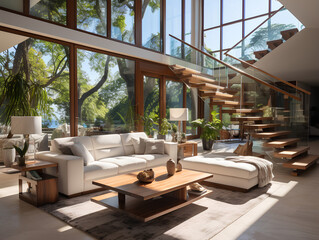 spacious modern villa with large windows, AI Generation