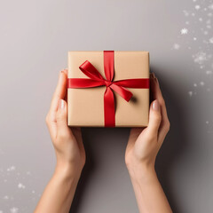 Holiday minimal background with hands holding gift boxes. Birthday, Anniversary, Christmas Day and New Year concepts. happiness moment, Generative AI.