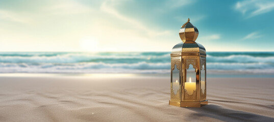 Ramadan lantern in a tropical summer beach. Golden sand beach, ocean against blue sky