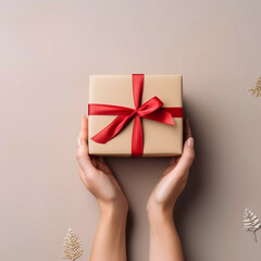 Holiday minimal background with hands holding gift boxes. Birthday, Anniversary, Christmas Day and New Year concepts. happiness moment, Generative AI.