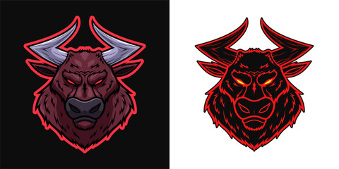 Angry bull logo, sport bull mascot, vector illustration. Cartoon buffalo head, black minotaur, bull silhouette and sticker. Ox logotype, esports emblem for print, graphic design and animation