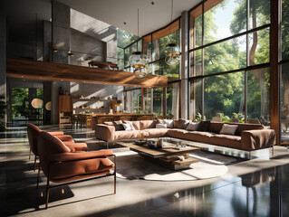 spacious modern villa with large windows, AI Generation