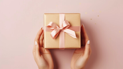 Holiday minimal background with hands holding gold gift box, Christmas Day and New Year concepts, happiness moment. Generative AI.