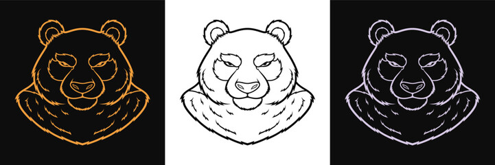 Outline panda logo set in golden, black and silver colors. Vintage panda mascot, vector illustration. Panda head silhouette, beast bear vector sign. Bear logotype, emblem for print and apparel design