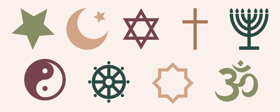 World religious symbol set elements. Collection of shape silhouette - islam, judaism, buddhism, christian, taoism, menorah. Vector flat illustration isolated on white background.