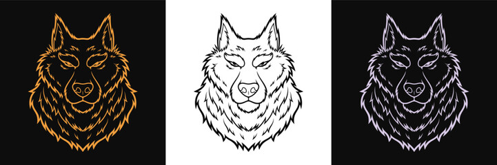 Outline wolf logo set in golden, black and silver colors. Vintage wolf mascot, vector illustration. Wolf head silhouette, coyote vector sign. Husky logotype, emblem for print and apparel design