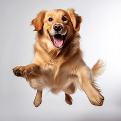 Happy dog running and jumping on white background
