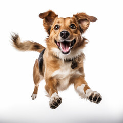 Happy dog running and jumping on white background