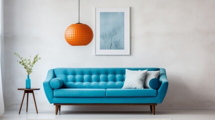 Mid century style interior design of modern living room with blue sofa against white wall and art poster frame generative ai 