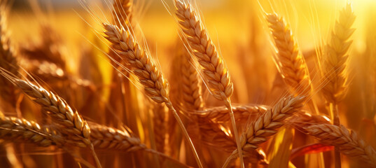 Spikes of ripe rye in sun close-up with soft focus. Ears of golden wheat. Beautiful cereals field in nature