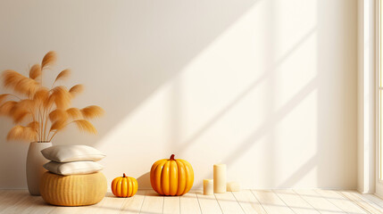Modern living room with natural fall decor pumpkins and candles. Empty wall mockup. Generative AI illustration
