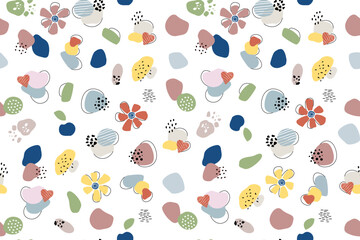 Modern abstract botanical seamless pattern. Minimal design of flowers and shapes in various sizes and pastel colors