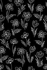 Seamless pattern of chamomile, daisy, tulip, hand drawn with white paint on a black background. Monochrome drawing artistic botanical ink illustration of flowers and leaves. Isolated floral elements