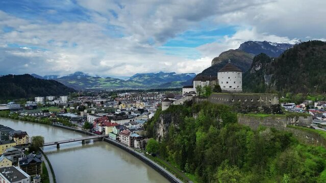 Aerial view of Kufstein town with medieval Castle fortress in Tyrol, Austria, Alps mountains, 4k