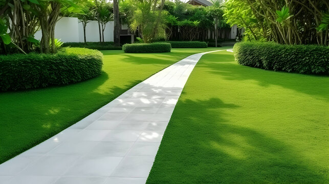 Path way with beautiful trees across green grass in beautiful garden. AI generative image. 