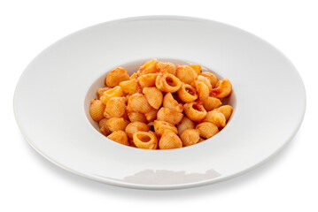 Macaroni pasta with red  tomato sauce in white dish, Italian pasta called pipette (little pipe), Isolated