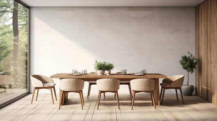 Minimalist interior design of modern dining room with wooden table and chairs generative ai