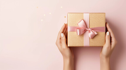 Holiday minimal background with hands holding gold gift box, Christmas Day and New Year concepts, happiness moment. Generative AI.