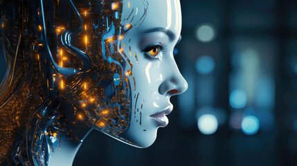 Side view of a humanoid robotic head  blue and yellow  vibrant neon neural network, representing futuristic technology and artificial intelligence, close up