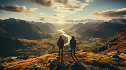 Fototapeta premium a man standing on a mountain at sunset