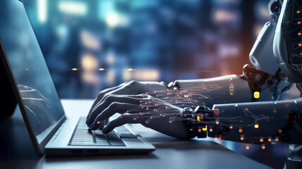 Robotic man hand pressing a keyboard on a laptop working, connecting with AI online and using a chat GPT. IT engineer software developer programmer, future world, Generated AI.