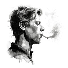 drawing of a man smoking cigaret black and white on white background 