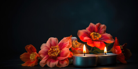 Flowers and candles for soul's day on a dark black gradient background