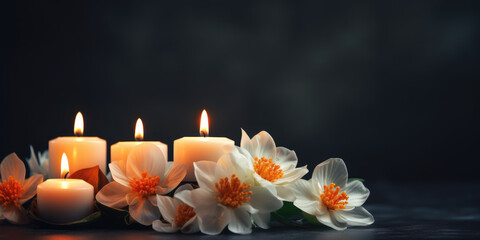 Flowers and candles for soul's day on a dark black gradient background