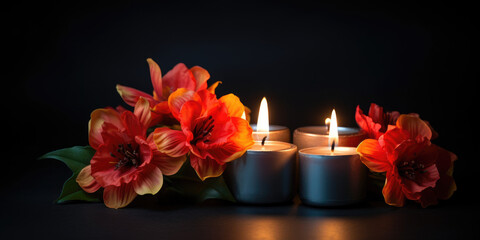 Flowers and candles for soul's day on a dark black gradient background