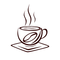 Hand drawn coffee cup. Cup of hot drink sketch isolated. Contour drawing of morning drink. Coffee bean on cup. Vector illustration in minimal style