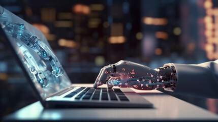 Robotic man hand pressing a keyboard on a laptop working, connecting with AI online and using a chat GPT. IT engineer software developer programmer, future world, Generated AI.