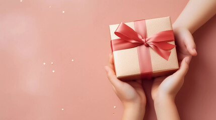 Holiday minimal background with hands holding gift box. happiness moment, Christmas Day and New Year concepts. Generative AI.