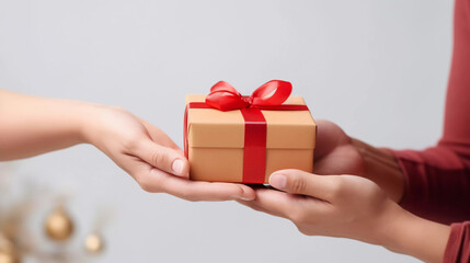 Holiday minimal background with hand holding gift boxes. Christmas Day and New Year concepts. happiness moment, Generative AI.